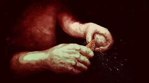 PA Media An artist's impression of a person's hands sparking fire from flint and pyrite.