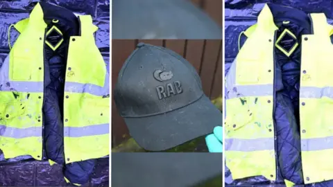 PSNI A collage of three photos. Two of the photos show a heavy duty hi-vis jacket with a black lining and covered in stains. The third image is of a black baseball cap with a "RAB" logo on the front.