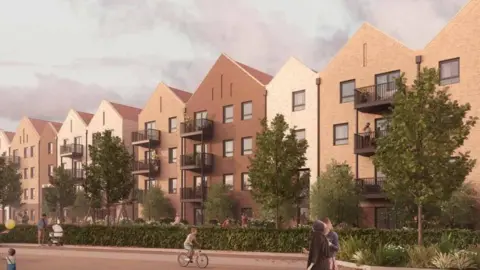 A computer generated image of the four storey apartment blocks which are going to be built in Guildford, Surrey. The apartments are differently coloured and have pointed roofs, and are also flanked by trees and bushes. 