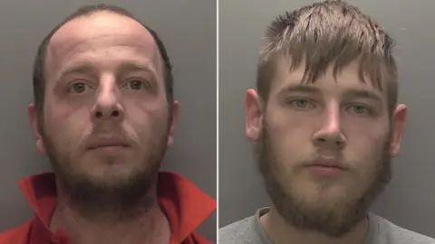 Humberside Police Two custody photos side by side of two men looking into the camera. On the left is a man with short brown hair and a short brown beard and moustache. He is wearing a red shirt and his collar is up. The man on his right has brown hair, a brown beard and a brown moustache.
