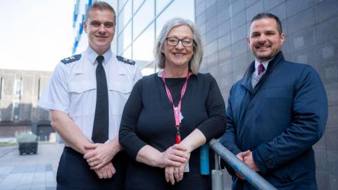Ch Supt Barrie Joisce of Northumbria Police, councillor Paula Maines from Newcastle City Council, and Tariq Albassam of NE1 at the launch of the City Safe project at Newcastle’s City Library
