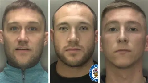 West Midlands Police Three men in a composite of police mugshots. The man on the left has short brown hair and brown stubble. The man in the middle has very short-cropped dark hair and dark stubble. The man on the right has brown hair and is clean-shaven.