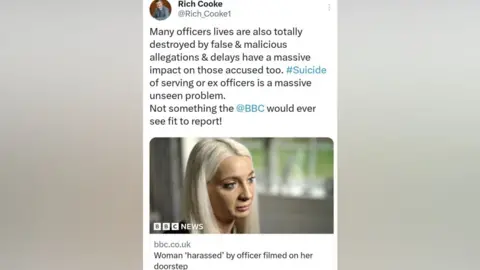 X A screen grab of a tweet by Richard Cooke which reads: Many officers lives are also totally destroyed by false & malicious allegations & delays have a massive impact on those accused too. #Suicide of serving or ex officers is a massive unseen problem. Not something the @BBC would ever see fit to report!