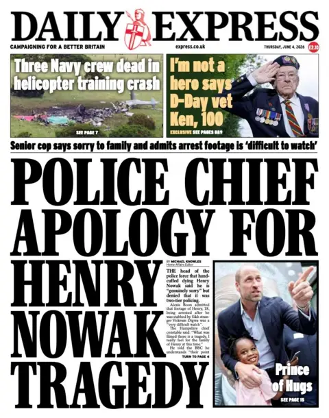 BBC The headline on the front page of the Daily Express reads: "Police chief apology for Henry Nowak tragedy."