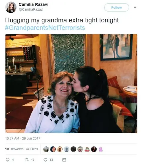 Twitter/CamiliaRazavi Camilia Razavi shared a picture of herself kissing her beaming grandmother, writing: "Hugging my grandma extra tight tonight."