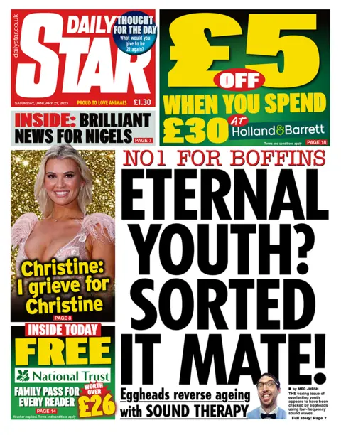 The Daily Star fills most of its front page with its story about eternal youth while also featuring a picture of model Christine McGuinness as she is interviewed about grieving for herself.