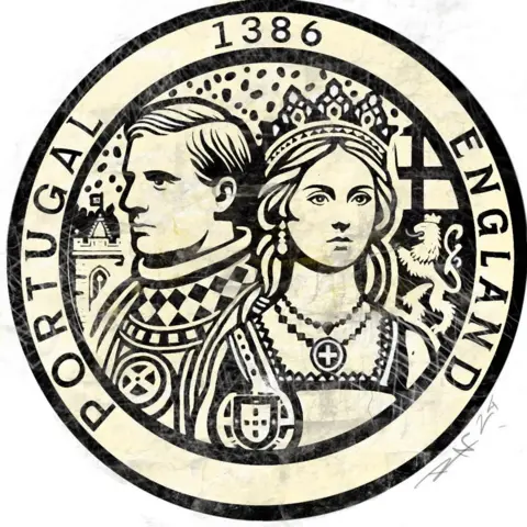 Rui Ferreira A design for a round mosaic, featuring King John I of Portugal and Philippa of Lancaster. It has the words Portugal and England, and the date 1386 in a round border.