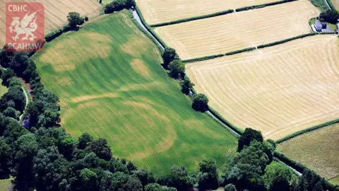 RCAHMW The buried ramparts of Cross Oak Hillfort, Talybont-on-Usk, showing as crop marks in Powys.