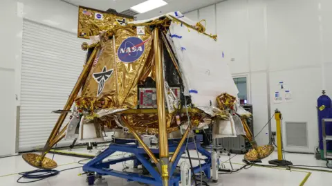 Getty Images The Blue Ghost spacecraft photographed at Firefly Aerospace's headquarters in Texas. The square probe looks at least two metres tall and has legs protruding out at an angle. The body is covered in gold foil and has logos for Nasa and Firefly.