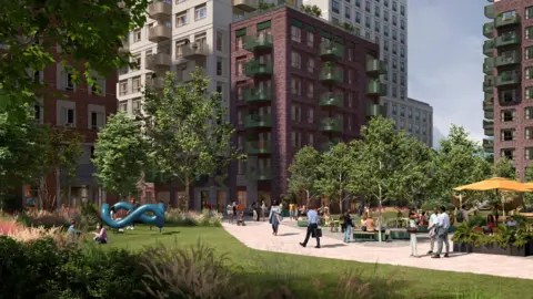 Picture of what the buildings would look like it has green space, people walking and five high rise buildings. 