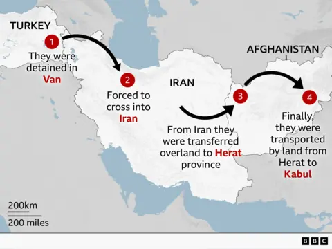 A BBC map shows the migrants' journey from Van, the closest Turkish city to the Iranian border, to Afghan capital Kabul. It says: (1) They were detained in Van (2) Forced to cross into Iran (3) From Iran they were transferred overland to Herat province (4) Finally, they were transported by land from Herat to Kabul