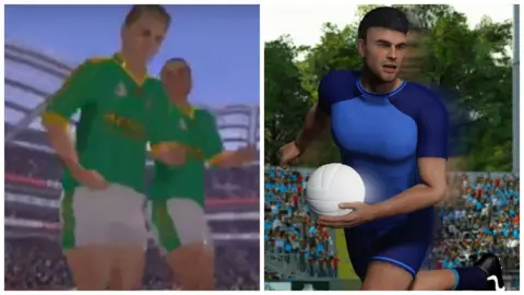Sony/Buck Eejit Games A composite showing a screenshot from the 2005 game with players in a green and white strip and on the right 2025 with players in a two tone blue strip.