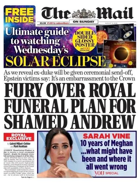 The headline on the front page of the Daily Mail reads: “Fury over Royal funeral plan for shamed Andrew”.