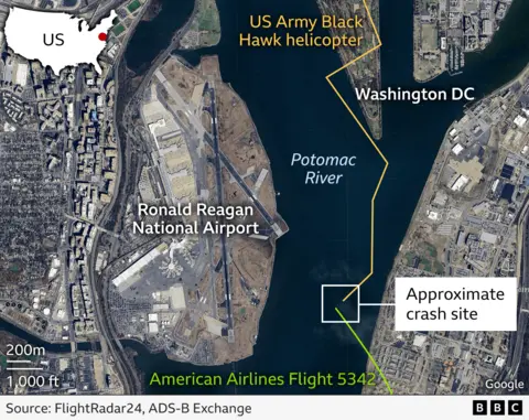 A commented satellite image shows an approximate collision site above the Potomac River. Ronald Reagan International Airport and Airplane and Helicopter Flight Paths highlighted nearby