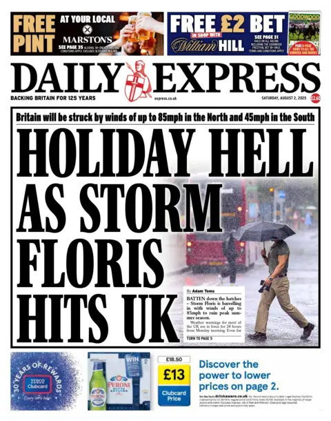 "Holiday hell as Storm Floris hits UK" reads the Daily Express.