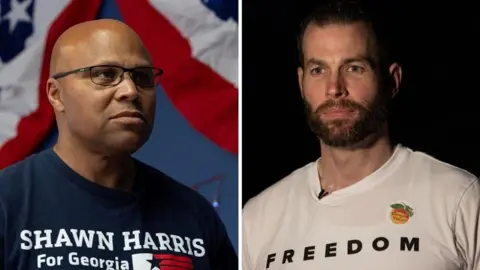 Reuters A composite image of Republican Clay Fuller, right, wearing a white t-shirt that says "Freedom"; and Democrat Shawn Harris, left, who is wearing a dark t-shirt with his campaign logo on the front.
