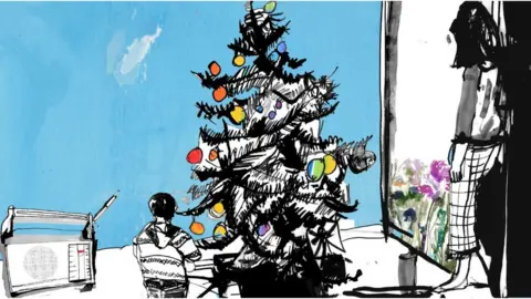 Katie Horwich Tom as a boy stood by the Christmas Tree with his mum looking on