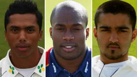Getty Images A composite of Jahid Ahmed, Maurice Chambers and Zoheb Sharif, who are all wearing their cricket strips and looking at the camera.