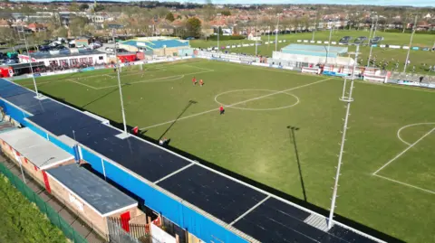 An overhead shot of Bridlington Town's football stadium from behind the main stand