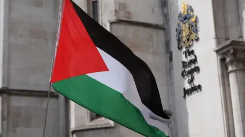 PA Media Palestinian flag is held aloft outside courts of justice in London