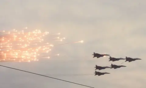 AFP/Getty Images Military jets fly over St Petersburg. Photo: 27 January 2019