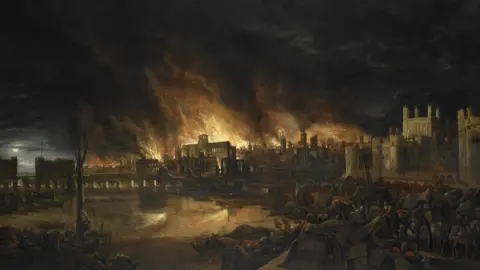 Museum of London Painting of Great Fire seen from near Tower of London