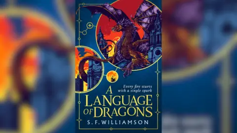 Harper Fire A book cover for a book called A Language of Dragons. It has a drawing of a purple dragon in front of a red and yellow background. The text is written in yellow and white colours. The main colour of the book cover design is navy blue. 