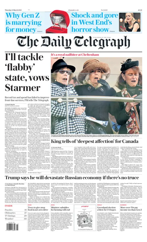 BBC The headline on the front of the Telegraph reads: "I'll tackle 'flabby' state, vows Starmer"