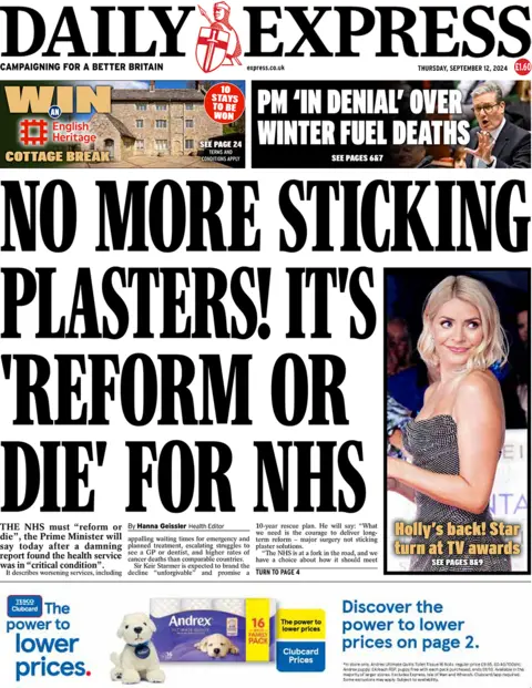 Daily Express headline reads: No more sticking plasters! It's 'reform or die' for NHS