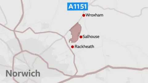A map showing the area where the development will be built. It shows Rackheath and Salhouse, with Norwich to the south-west.