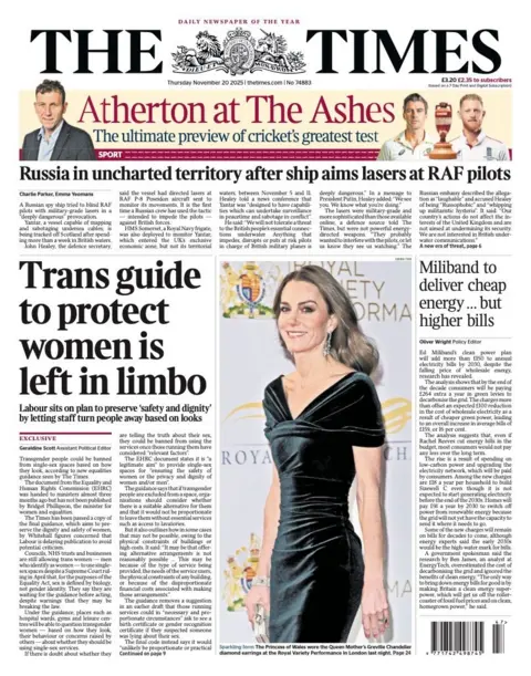 The headline on the front page of the Times reads: “Trans guide to protext women is left in limbo”.