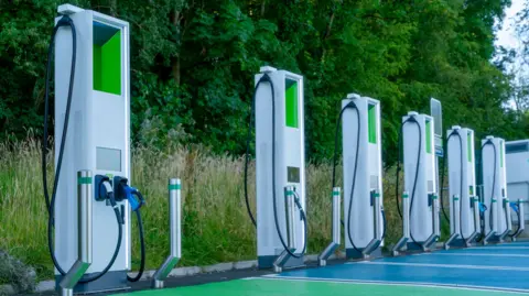 Several electric vehicle charging stations are set up in a green outdoor area, ready for use under bright sunlight, surrounded by trees and grass.