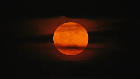 A strawberry moon in the night sky, seen through wisps of cloud.