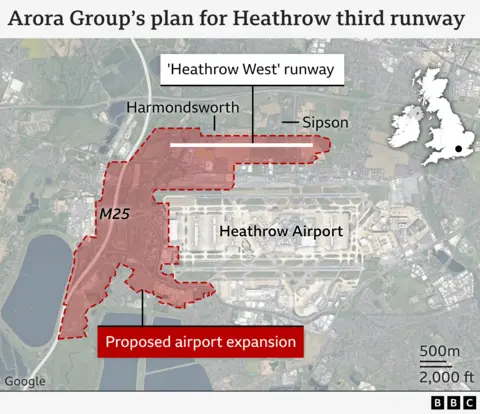 Hotel tycoon reveals Heathrow runway expansion proposal 5 Map of area around Heathrow showing current airport footprint and planned expansion including site of the proposed runway to the north west of the site.
