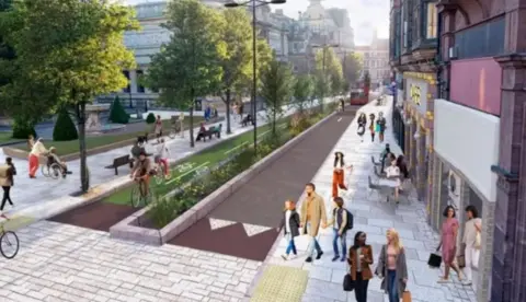 City of Wolverhampton Council An artist's impression showing a pedestrianised street with a bicycle lane in the middle. There are trees lining the street and shops on the right-hand-side.