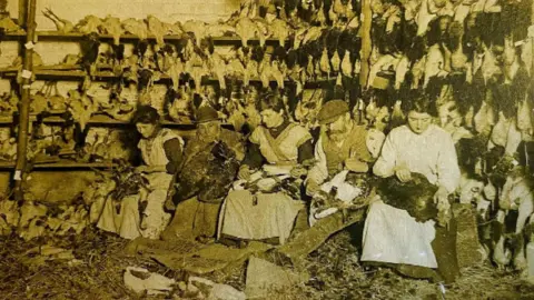 Pat Graham A group of three women and two men hand pluck turkeys of their feathers. The women are wearing long aprons. The men wear hats. They appear to be in a barn-type room with vast rows of birds behind them.
