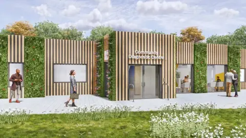 Supplied An artist's impression of the centre, which has a wood-panelled exterior and greenery in between the panels.