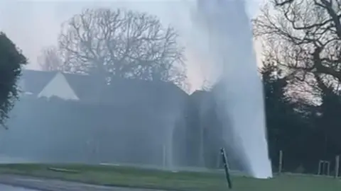 A large amount of water sprays out of the ground on a patch of grass in Gloucester. The piece of land is bordered by hedges which houses can be seen behind, along with trees. 