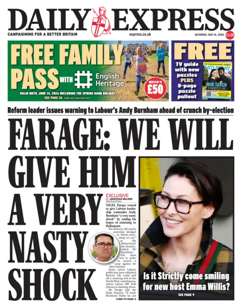 The headline on the front page of the Daily Express reads: "Farage: We Will Give Him A Very Nasty Shock."