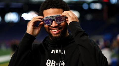 Caleb Williams wearing 'draft me' glasses at the 2024 NFL Combine
