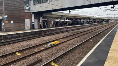 Shariqua Ahmed/BBC Railway tracks with a platform on either side.