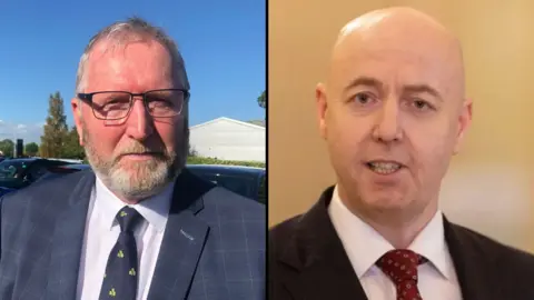 A composite image of Jon Burrows and Doug Beattie. Doug is on the left, and is an older man with short grey hair, rectangular glasses and grey facial hair. On the right is Jon Burrows, who is a bald, middle aged man and he is wearing a black suit jacket, a white shirt and a red patterned tie.