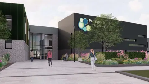 An artist's impression of the front of the school. There are two buildings joined by an atrium and there is a sign reading Perranporth Academy on the right hand one. Three students are walking towards the building and there are planted beds and trees. 