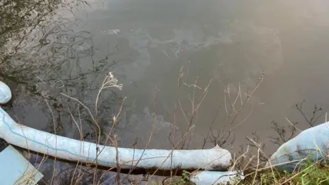 An oily film on top of brown river water, with a few thin branches at the bottom of the image, as along with a white thin boom that is attempting ton block the oil spillage.