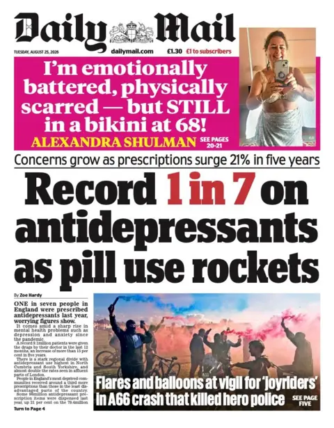 The headline on the front page of the Daily Mail reads: “Record 1 in 7 on antidepressants as pill use rockets".