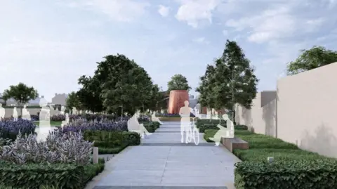 Boston Borough Council An artist impression of a manicured landscape with a whitewashed path leading up to a cylindrical sculpture. On either side of the path are flowerbeds and bushes