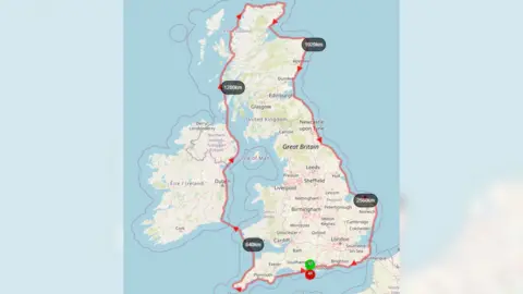 Mike Lambert/Geotracks A map showing the route Mike Lambert will follow as he attempts to break the world record time for travelling around Britain in a kayak