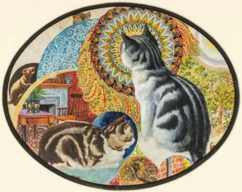 Rogers Jones Auctioneers Louis Wain's painting of two cats; one is grey, black and white in colour. It is sitting with its back to the viewer. The other is brown in colour. It is lying down, side on to the viewer. The grey cat is looking towards a mouse-like creature. The viewer cannot see what the other cat is gazing towards 