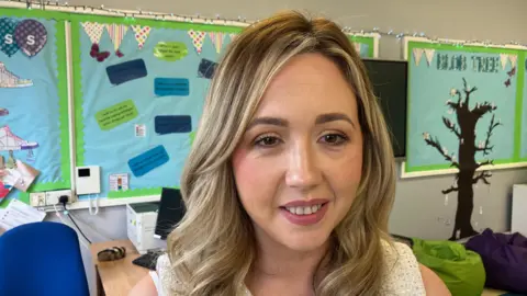 Stacey Rodgers. She has blonde hair, brown eyes, wearing a white strap top.