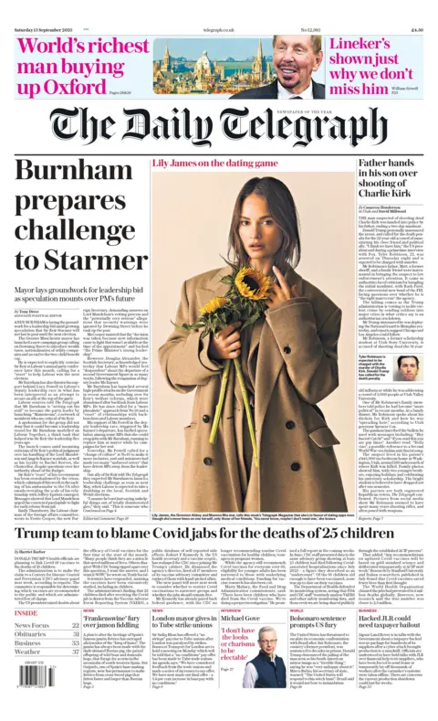 The headline on the front page of the Daily Telegraph reads: "Burnham prepares challenge to Starmer". 